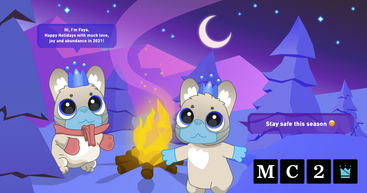 Holidays Card in vector art for MC2. Snowy night sky with Faya, the French Bulldog.